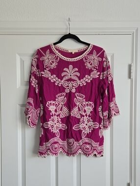 Embroidered Magenta Women's Top with Cream Floral Detail